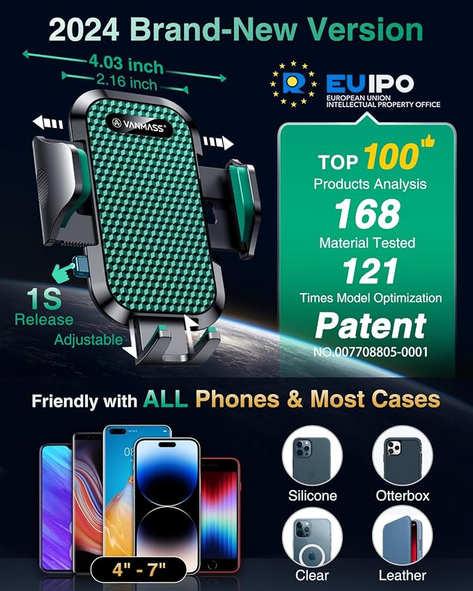 [True Military-Grade] Car Phone Holder [Strongest Suction & Clip] Cell Phone Mount for Dashboard Windshield Vent Truck Accessories Cradle Dash Stand for iPhone 15 14 13 12 Android,Green