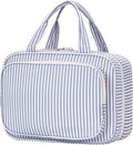 Striped Travel Toiletry Bag for Women Large Hanging Makeup Bag Organizer Toiletries Bag for Full Size Essentials Accessories Cosmetics (Greyish Blue Stripe (Large))
