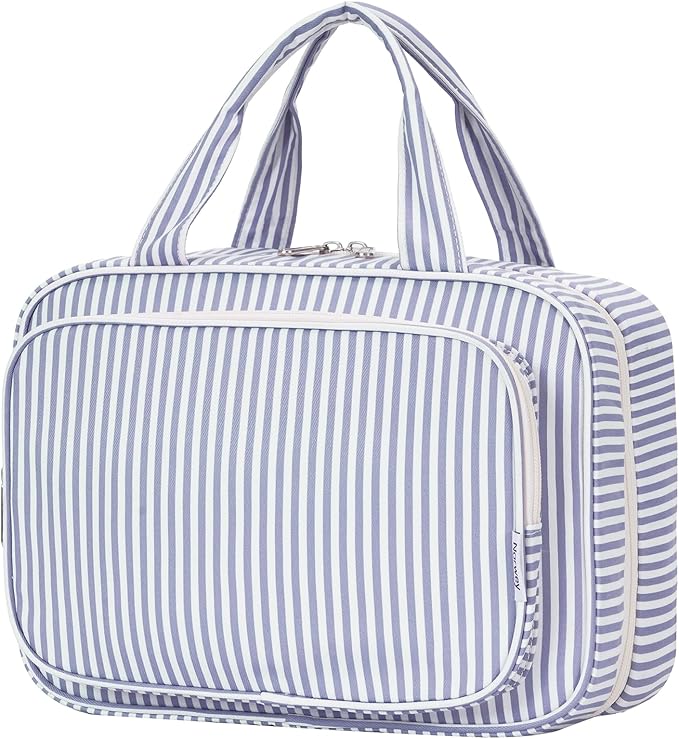 Striped Travel Toiletry Bag for Women Large Hanging Makeup Bag Organizer Toiletries Bag for Full Size Essentials Accessories Cosmetics (Greyish Blue Stripe (Large))