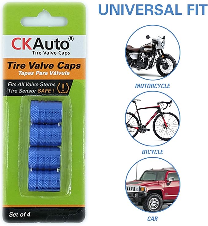 Tire Valve Stem Caps, Blue, 4 pcs/Pack, Anodized Aluminum Tire Valve Cap Set, Corrosion Resistant, Universal Stem Covers for Cars Trucks Motorcycles SUVs and Bikes