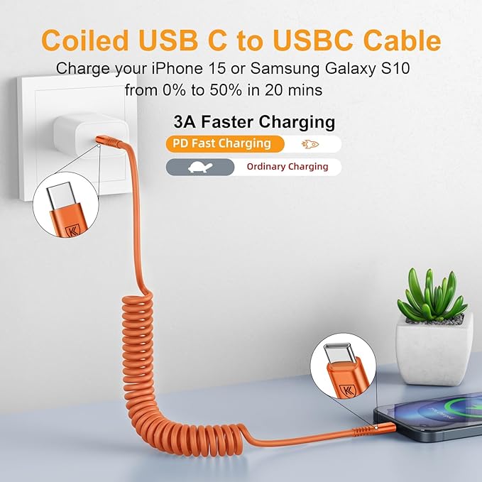 USB C to C Cable 6FT, 2Pack Coiled USB C Fast Charging Cable for CarPlay, iPhone USB-C Cable/Android Auto USB C Cord USB Type-C Cable for iPhone 17/16/15/Pro Max/Samsung Galaxy S26 S25 and More-Orange