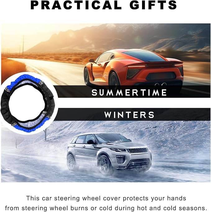 Bling Car Steering Wheel Cover, 15 Inch Sparkly Rhinestone Soft Leather Steering Wheel Protector, Non-Slip Universal Auto Elastic Steering Wheel Covers for Women Girls (Blue)