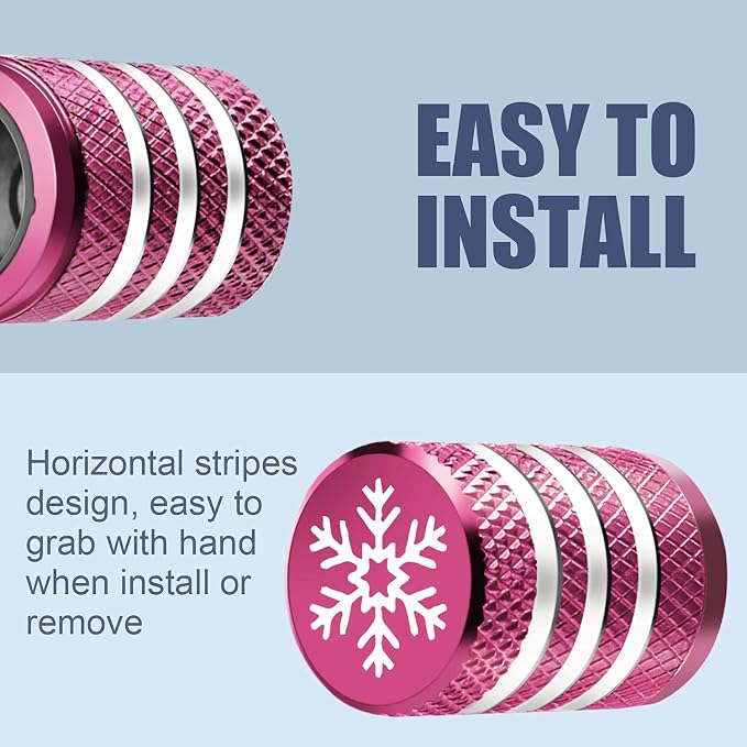 Tire Valve Stem Cap Cover - (5 Pack) Tire Air Caps Metal with Plastic Liner Corrosion Resistant Leak-Proof Snow Snowflake for Car Motorcycle Bike Pink