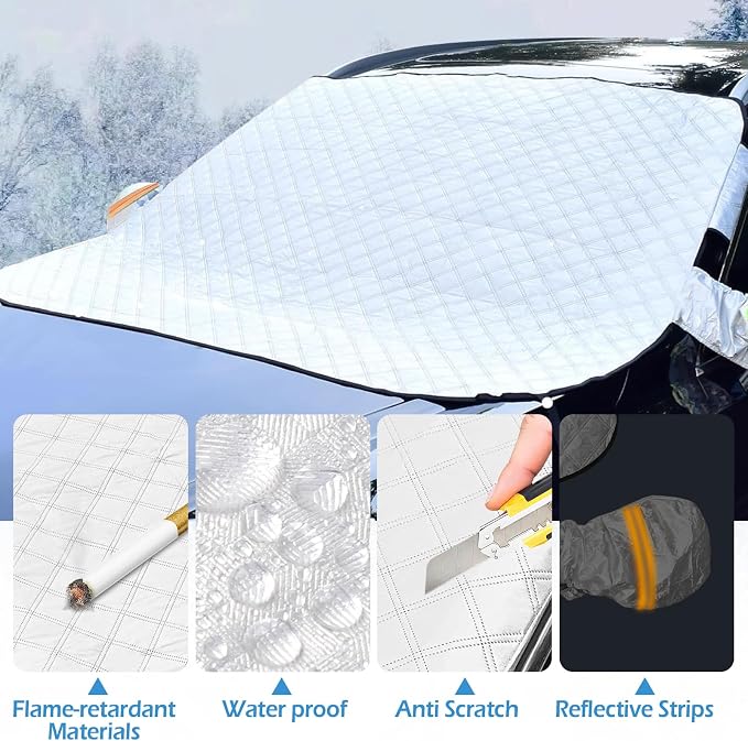 Car Sun Shade Windshield Cover, UV Rays & Heat Reflector for Summer, 9-Magnet Windproof Exterior Car Cover with Mirror Protection, Antifreeze Snow Cover for All Seasons