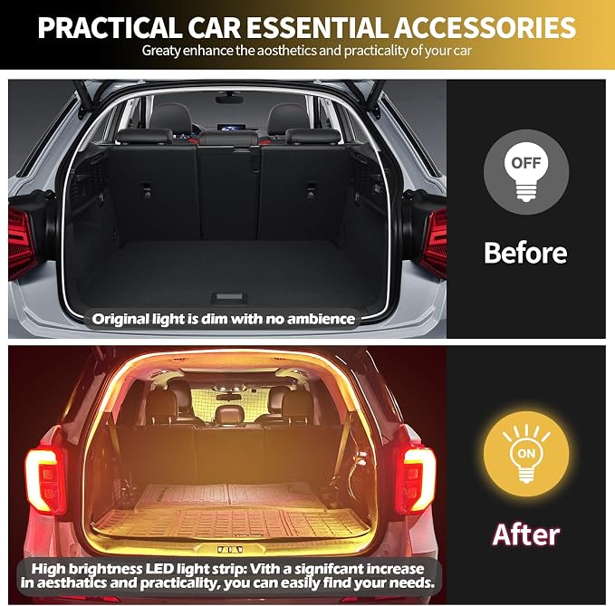 Car LED Strip Lights - Trunk Cargo Ambient Lighting, Warm Yellow 3500K, 118.11 inches Flexible Cuttable LED Light Strip, Easy Install, Waterproof, Universal Fit for Car Trunks, SUVs, and Vans
