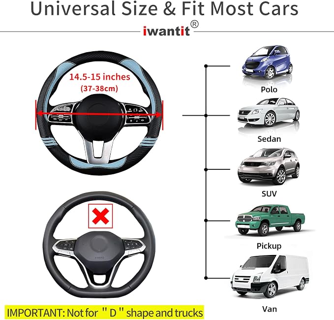Cute Steering Wheel Cover for Women, Carbon Fiber&Breathable Pu Leather with Anti-Slip Rubber Ring, Steering Wheel Protector for Men, Universal Fit 14.5-15 inches for Cars,SUV (Cool Blue)