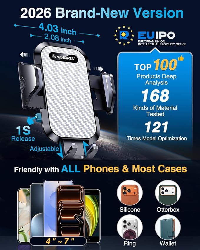Phone Holders for Your Car Ultimate Military-Grade Car Phone Holder Mount【Patent & Safety Certs】Upgraded Shockproof Truck Air Vent Phone Mount for iPhone 17 Pro Max 16 Samsung Android,Silvery