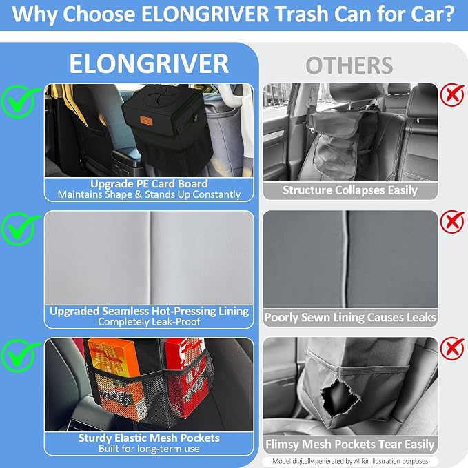 Car Trash Can Bin for Back Seat Leak Proof, Cute Car Trash Bag Hanging, Vehicle Trash Can for SUV Truck Van, Automotive Garbage Cans Front Seat Black