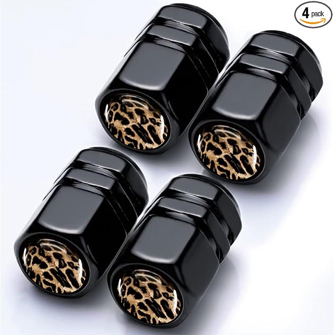 4-Pack-Tire Valve Stem Caps Universal Tire Air Cap Leopard Car Accessories | Aluminum Alloy Rust-Proof Valve Stem Caps, for Auto SUV Truck Motorcycle Bicycle, Gifts for Women Men Drivers