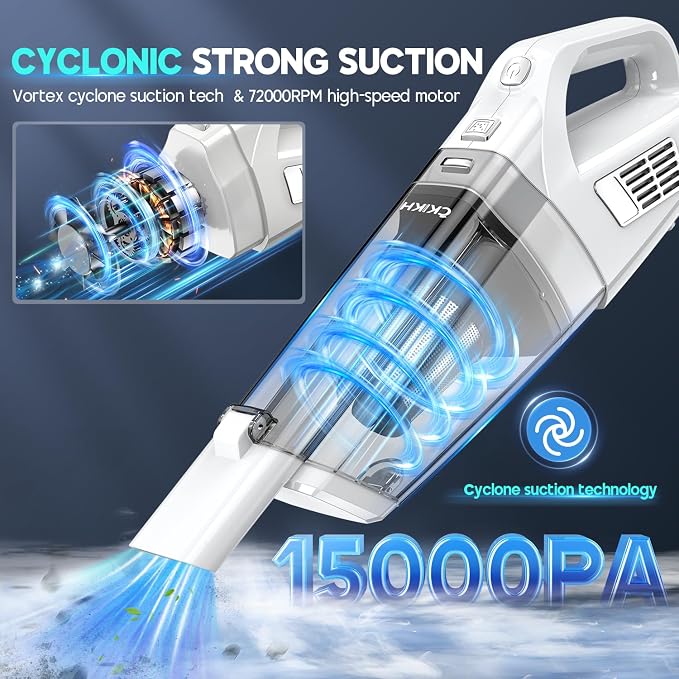 Handheld Vacuum Cordless, 15000PA Strong Suction Hand Held Car Vacuum Cleaner Portable with Multi-Nozzles & Washable Filter, Lightweight Rechargeable Vacuum Cleaner for Home, Car, Office, Pets