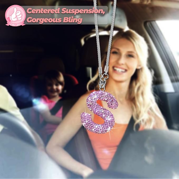 Bling Pink Car Accessories for Women Letter Charm, Rainbow Color Rear View Mirror Cute Crystal Pendant Car Decorations, Lucky Gifts Girly Diamond Rhinestone Charm Interior S
