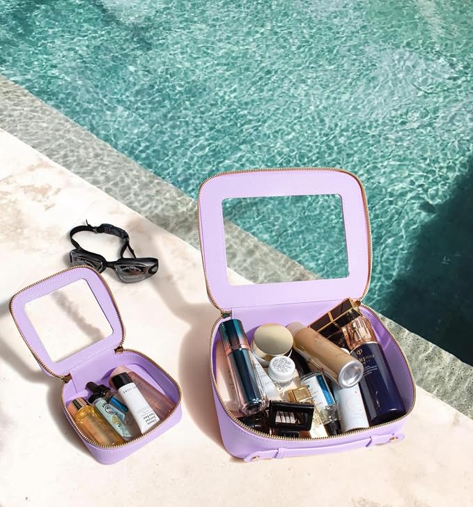 Clear Sunscreen Makeup Bag Organizer,Travel Toiletry Bag Cosmetic Case for Women,Portable Beach Make Up Skincare Pouch Car Organizer Bag with Zippers for Essentials(Large-Purple)