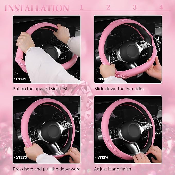 Bling Diamond Pink Leather Steering Wheel Cover, Studded Shining Rhinestones Universal Fit 14" 1/2-15" Glitter Sparkly Crystal Fit for Women Girl SUV,Vans,Sedans,Car,Trucks, Pink Diamond