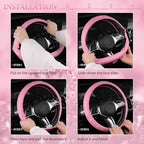 Bling Diamond Pink Leather Steering Wheel Cover, Studded Shining Rhinestones Universal Fit 14" 1/2-15" Glitter Sparkly Crystal Fit for Women Girl SUV,Vans,Sedans,Car,Trucks, Pink Diamond