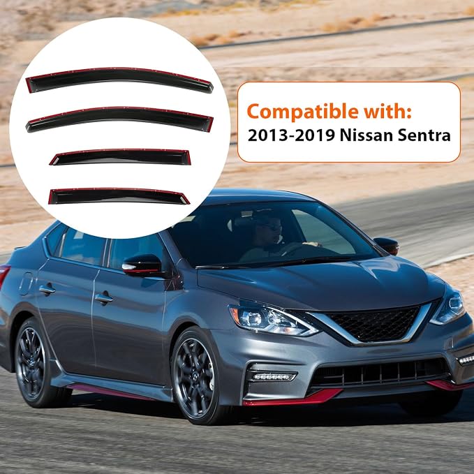 Window Rain Guards Compatible with 2013-2019 Sentra, 4pcs Smoke Tint Vent Deflectors Window Visors Outside Mount Tape On Style Acrylic Set of 4 Front+Rear