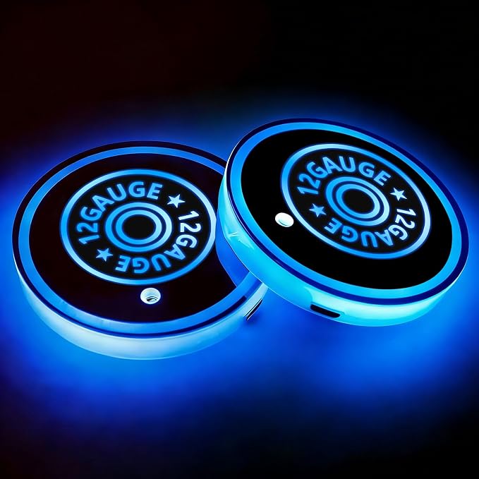 2Pcs 12 Gauge LED Car Cup Holder Coasters 7 Colors 3 Modes Lights Up Cups | with USB of Car Accessories for SUV Trucks Sedans, Waterproof Interior Atmosphere Lamp, Cool Bullet Gifts for Women Men
