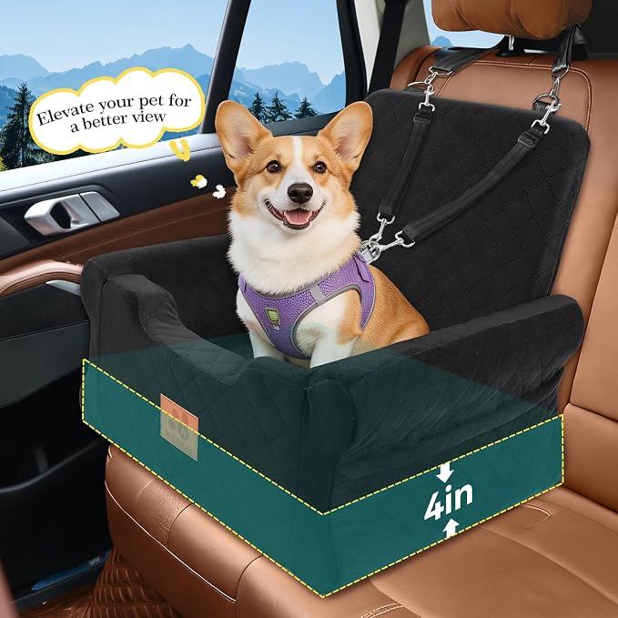 Dog Car Seats for Small/Medium Dogs, Elevated Memory Foam Dog Booster Seat, Detachable Washable Pet Car Seat with Safety Belts & Storage Pockets (Black)
