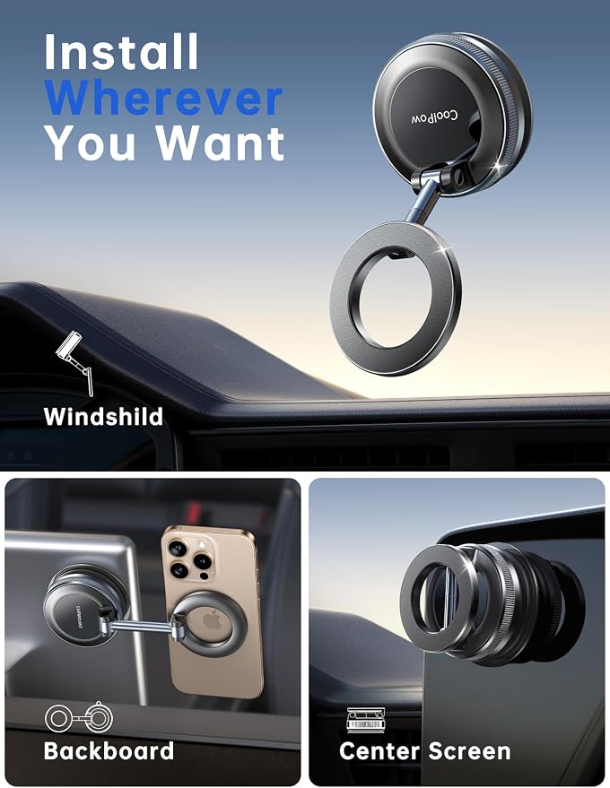【Newest Vacuum Magnetic Phone Holder for Car Phone Holder Mount【Movable Vacuum Suction】 Magsafe Car Mount Cell Phone Holders for Your Car Accessories for Women Men for iPhone 17 16 -Black