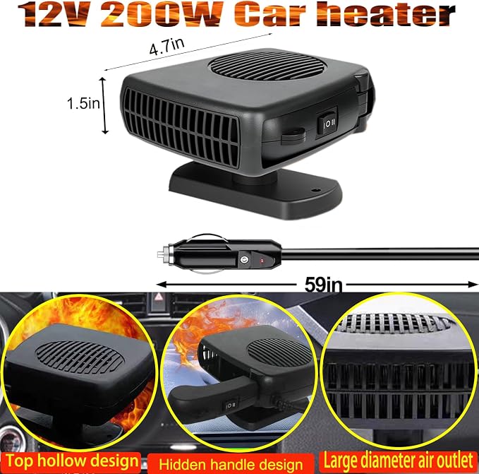 Portable Car Heater and Defroster That Plugs into Cigarette Lighter for Car 12V 200W Fast Heating and Cooling Fans for Car Hidden Handle 360 Degree Car Heaters for Vehicle