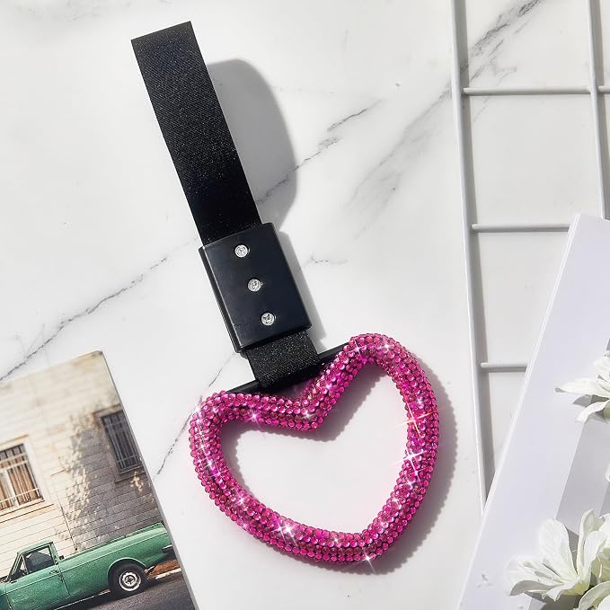 Bling Car Accessories Bling Heart Handle Ring Car Accessory for Women Hearts Hand Strap Drift Charm Rear Bumper Warning Ring Decor for Auto Interior Exterior Decoration(Hot Pink,Heart Style)