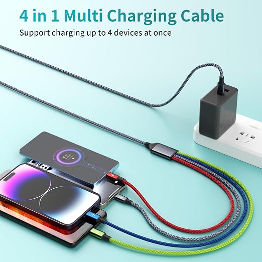 USB C Multi Charging Cable 1Pack 5FT, 4 in 1 Charging Cable Nylon Braided USB-C Multiple Charger Cord with Micro USB,IP Port and 2 Type C Adapter Port for iPhone 17/16 Series/Cell Phones and More