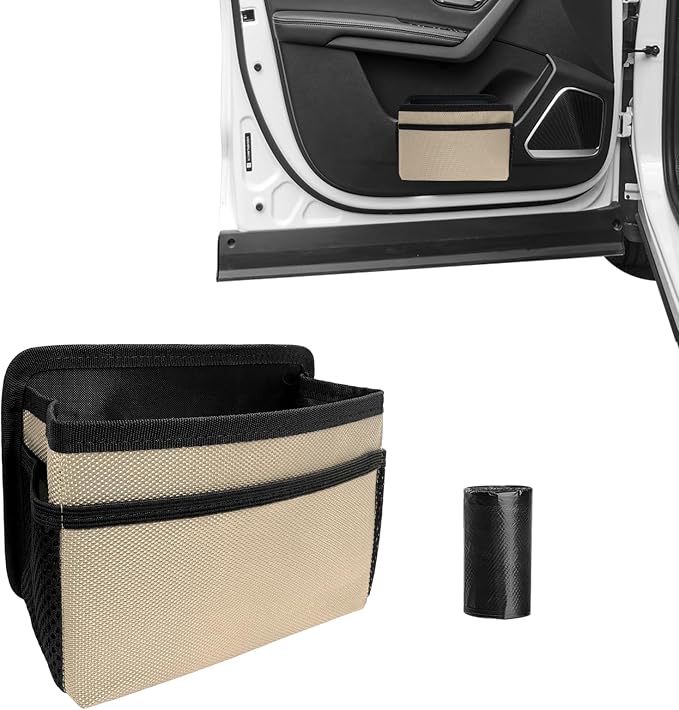 Car Trash Can, Foldable Multi-Pocket Design Auto Hanging Storage Container with Garbage Bags, Multifunctional Mini Oxford Storage Bag Garbage Holder for Cars SUVs Trucks (Beige)
