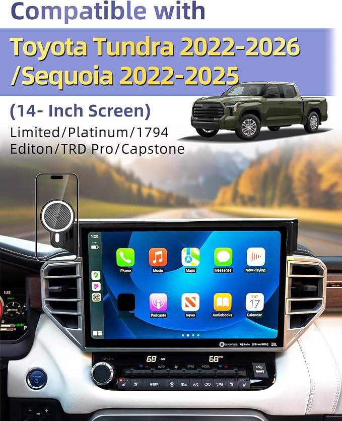 PZK Car Phone Mount for Toyota Tundra 2022-2026 /Sequoia 2023-2026 | 3rd Gen Tudnra Accessories 14-Inch Screen Magnetic 15W Fast Wireless Charger Phone Holder Magsafe 360° Rotation Stand
