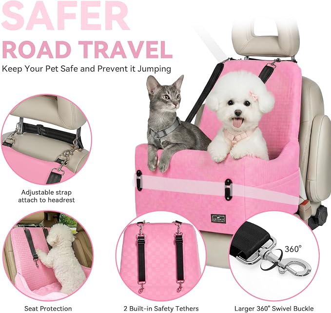 Dog Car Seat for Small/Medium Dogs Up to 35 lbs – Patented Safety System, 5" Memory Foam Pet Booster Car Seat, Fully Detachable and Washable Dog Carseat with 2 Storage Pockets (Pink)