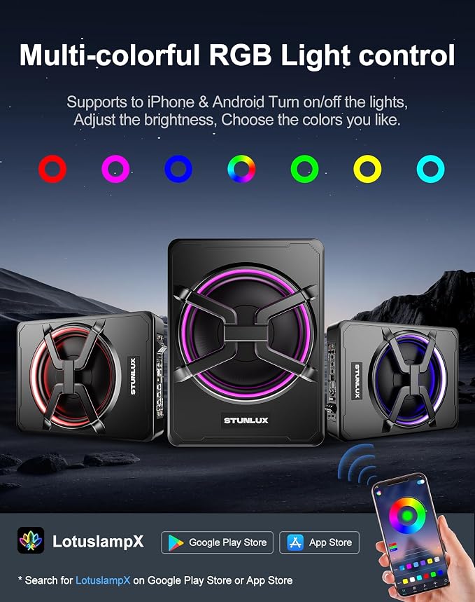 10 Inch 800W Under Seat Car Subwoofer,Full Cast Aluminum Under Seat Powered Subwoofer,Built-in Amp & APP LED Light Control,12V Universal Vehicle Subwoofer Full Installation Kit with Gift Box