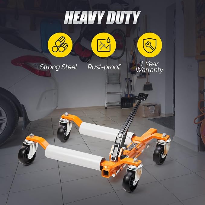 Car Wheel Dolly Set of 4, Mechanical 6000-lbs Car Dollies, 12'' Wheel Vehicle Positioning Jack, No Assembly, Heavy Duty Rollers w/Ratcheting Foot Pedal, for Tire Auto Repair,Orange