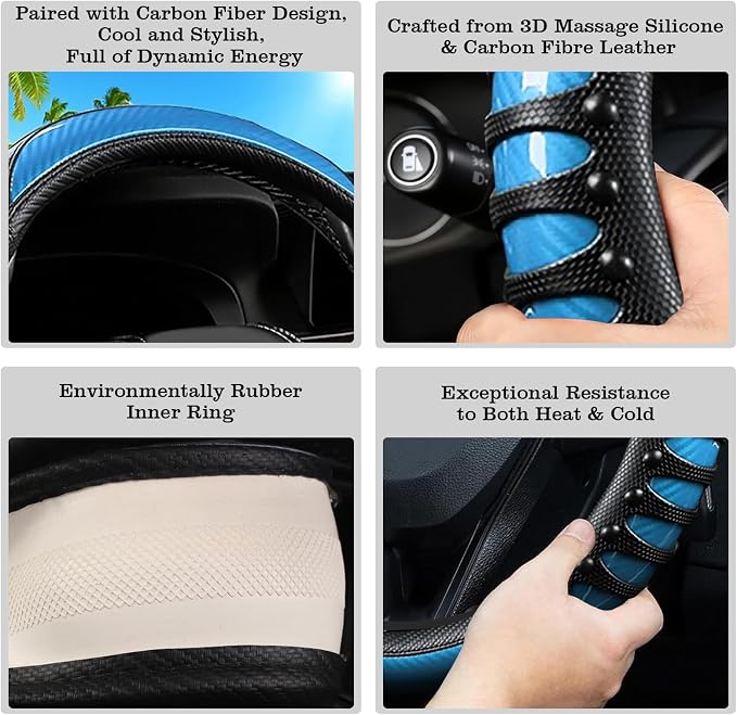 Car Leather Steering Wheel Cover - Carbon Fibre Material, Universal 14.5-15 Inch Leather Anti-Slip Breathable Auto Steering Wheel Covers for Men Women (3D Massage - Sky Blue)