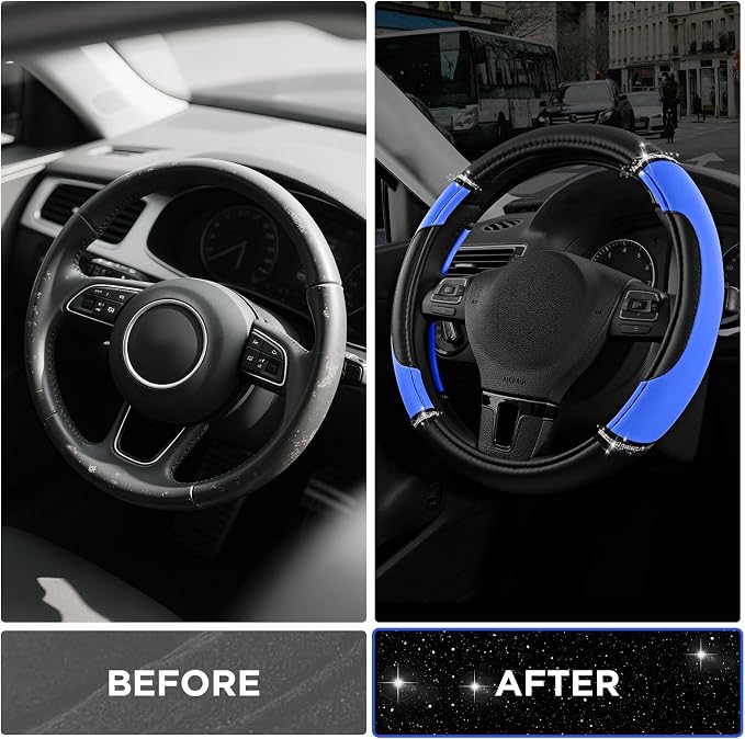 Leather Steering Wheel Cover - Made with PVC Leather - Anti-Slip, Universal Fit 14 1/2 inches to 15 inches - Blue