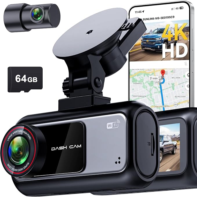 Truck Dash Cam Easy-Steup: Dual Camera 4K Front and 2K Rear with Night Vision GPS WiFi Clear Captures Pickup Trucks License Plates - 72H Parking Monitoring for Daily Commute