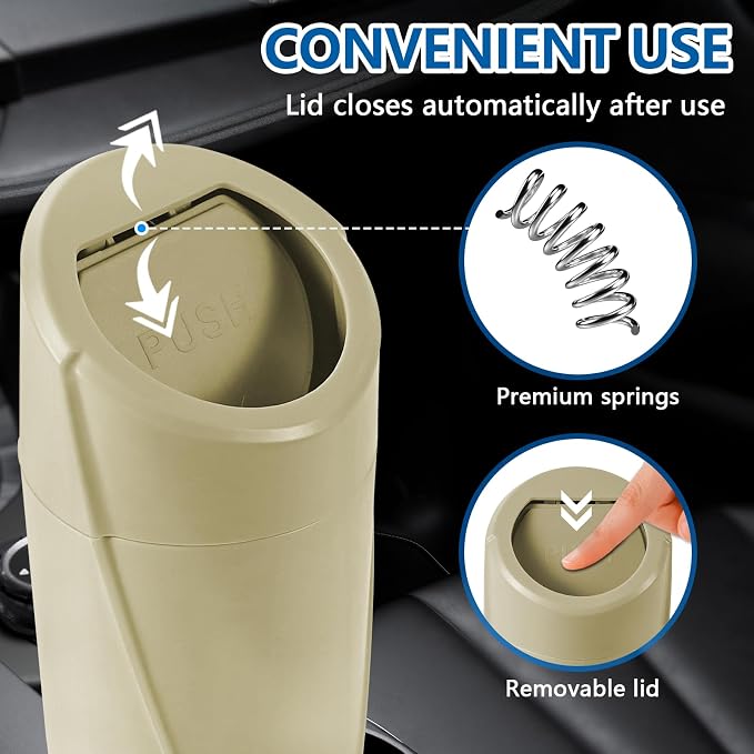Mini Car Trash Can with Lid, Portable Garbage Can for Car, Leakproof Cup Holder Automotive Garbage Bin with 2 Rolls of Trash Bags, Small Trash Storage Can for Car Home Office(Beige)