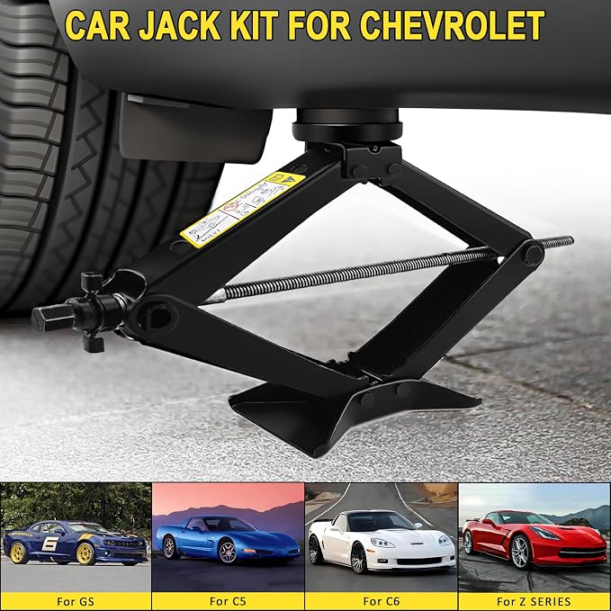 3-Ton Scissor Jack Kit for Chevrolet C5 C6 C7 C8 GS Z with Rubber Jack Pad, Car Spare Tire Repair Tools for Car Chevrolet, Tire Changing Tools Kit for Chevrolet with L-Wrenches（17/19/21/23mm）