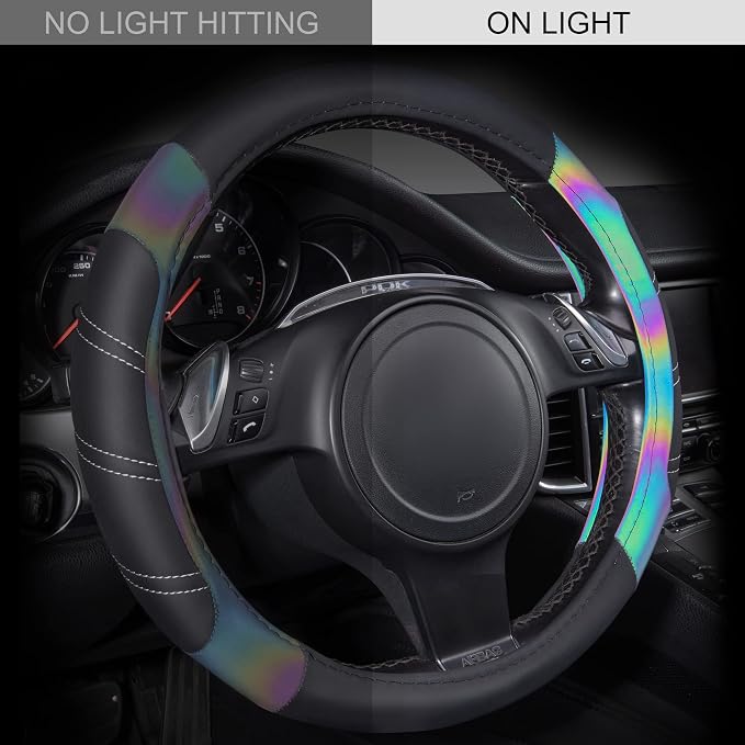 Line Rider Microfiber Leather Sporty 14.5-15 inch Steering Wheel Cover Universal Fits for 95% Truck,SUV,Cars, Anti-Slip Safety Comfortable Design (Black Reflective)