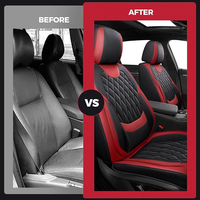Front Seat Covers for Cars - Ultra Breathable Waterproof Faux Leather Car Seat Cover Protectors with Lumbar Support, Universal Fit for Most 5 Seats Vehicles Sedans Hatchbacks Pickup, Black Red