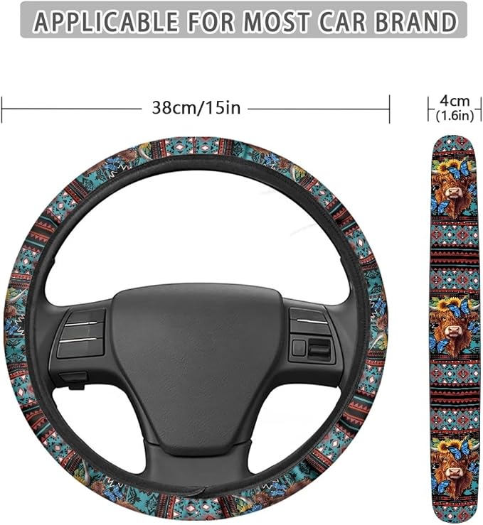 Aztec Highland Cow Sunflower Butterfly Car Steering Wheel Cover Soft Stretch Anti-Slip Washable Car Interior Accessory Universal Fit for Car SUV Trucks