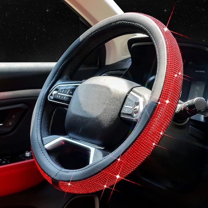 New Diamond Leather Steering Wheel Cover with Bling Bling Crystal Rhinestones, Universal Fit 15 Inch Car Wheel Protector for Women Girls Red Diamond