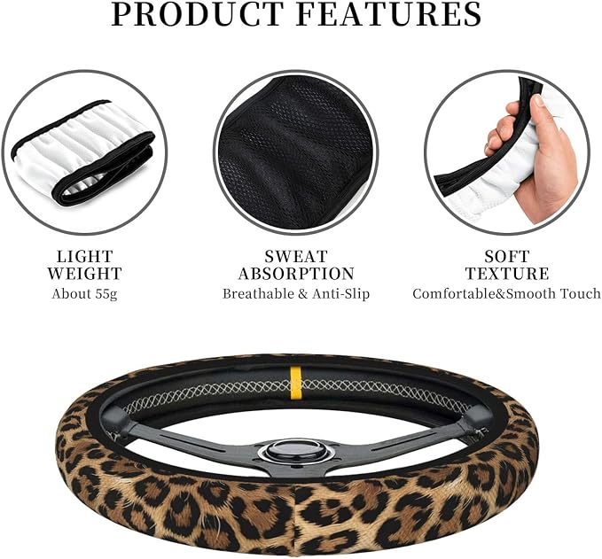 Leopard Print Steering Wheel Cover - Cheetah Steering Wheel Protector Neoprene 15Inch Car Accessories 2 Pcs Car Coasters for Women Men