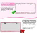2 Pack Bling License Plate Frames for Women, Sparkly Rhinestone Diamond Car Accessories with Glitter Crystal Caps (Pink)