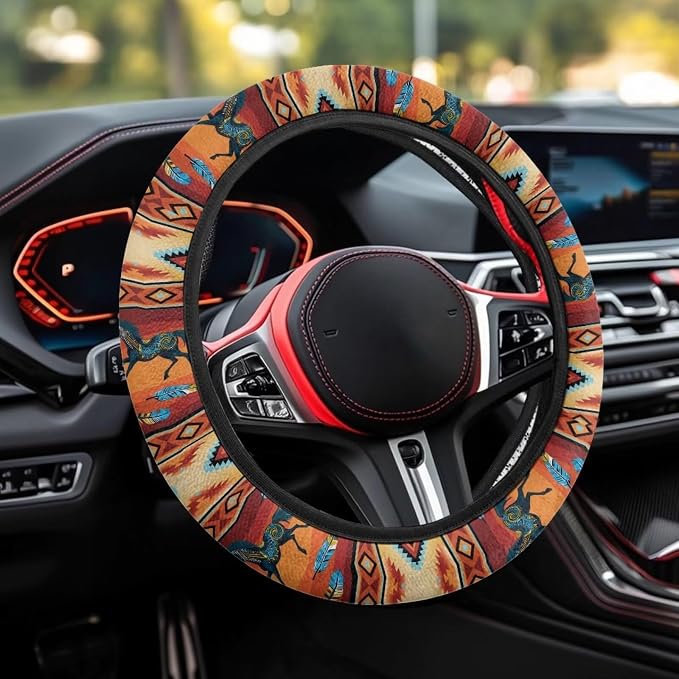Auto Steering Wheel Cover for Women Men, Universal 15 Inch Soft Elastic Steering Wheel Wrap Anti-Slip Easy to Install Car Accessories, Aztec Geometric Horse Orange