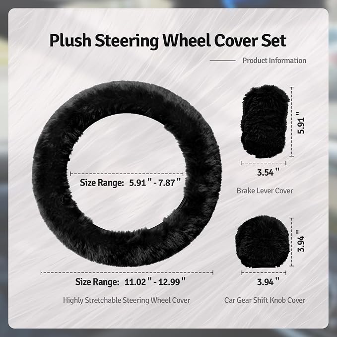 Fluffy Steering Wheel Cover 3PCS Set – Plush Fuzzy Fur Steering Wheel Cover with Gear Shift Cover & Handbrake Cover, Winter Warm Car Accessories, Car Interior Accessories for Women (Black)