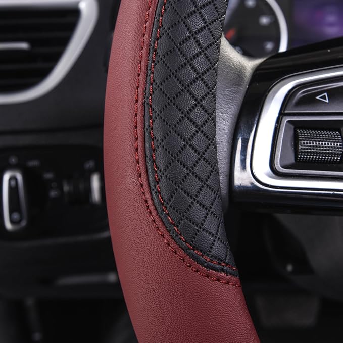 Rhombus Leather Universal Steering Wheel Cover, Fit for Suvs,Trucks,Cars,Sedans,Vans (Black&Burgundy)