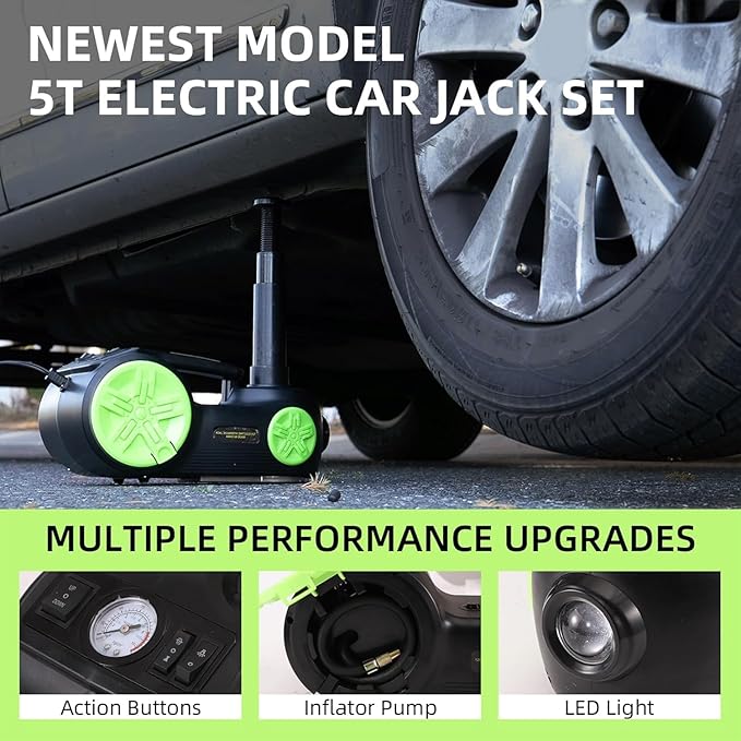 Upgraded Electric Hydraulic Car Jack Kit 5 Ton 12V Portable Lift Range 20.9 Inch with Impact Wrench and Tire Inflator Pump for SUV Sedan Truck Repair Floor Jack for Tire Change with LED Light