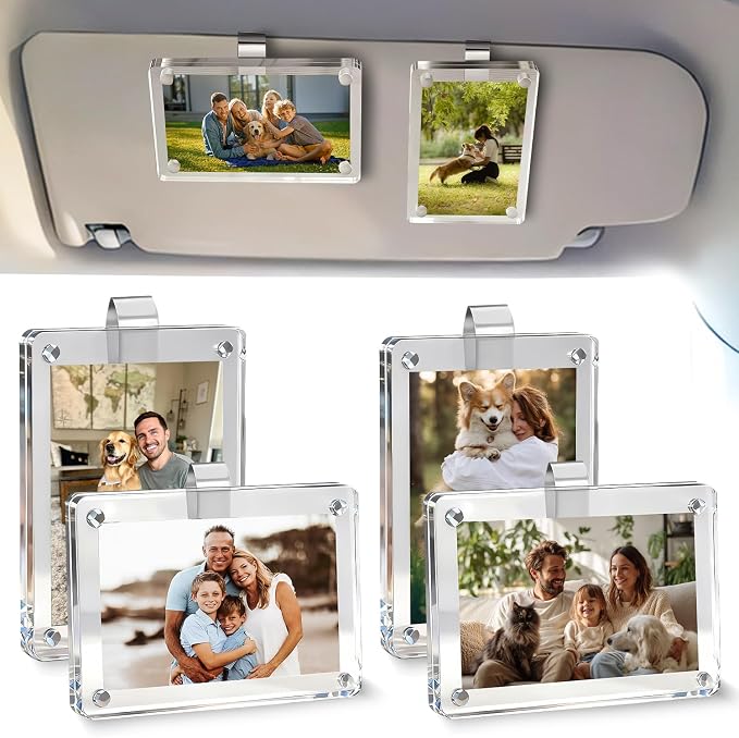 4-Pack Car Picture Holder, Acrylic Car Visor Photo Clips, Personalized Car Accessories Magnetic Car Sunshade Photo Frame for Adding Family or Personal Photos, Gifts