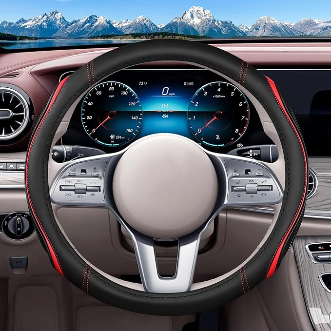Leather Splicing Black Red Car Steering Wheel Cover,14.5-15 Inch Universal Microfiber Leather Covers Breathable Anti-Slip Odorless Steering Wheels Accessories for Men Women