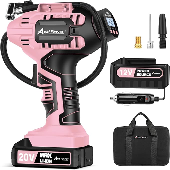 Cordless Tire Inflator Air Compressor, 20V Car Tire Pump w/ 12V DC Adapter, Rechargeable Li-ion Battery Operated Tire Compressor w/Digital Pressure Gauge, for Many Inflatables (Pink)