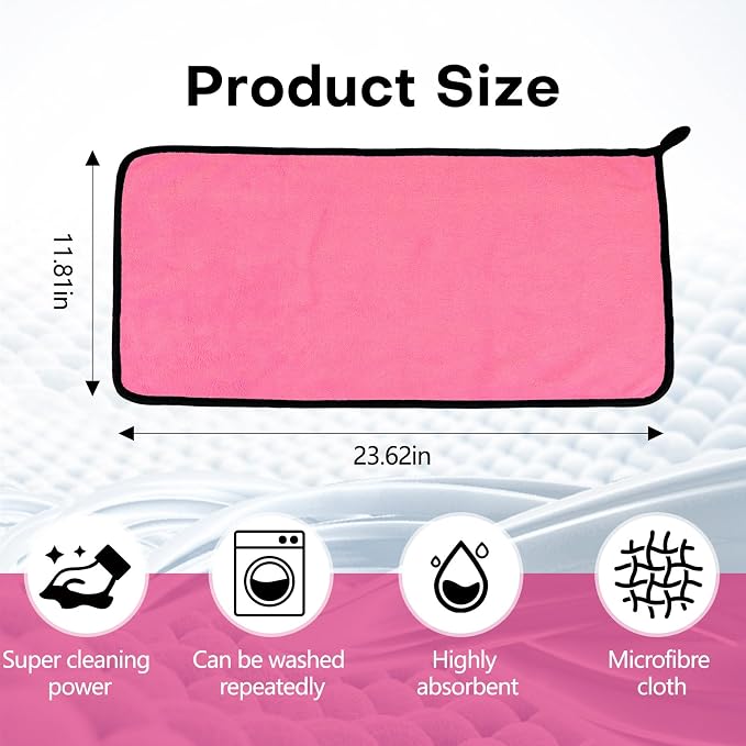 3PCS Car Microfiber Towels, 23.62"×11.81" Lint-free Microfiber Towels for Cars Wash Drying, Super Absorbent Auto Cleaning Cloths, Reusable Washing & Detailing Towel, Car Cleaning Supplies (Pink)