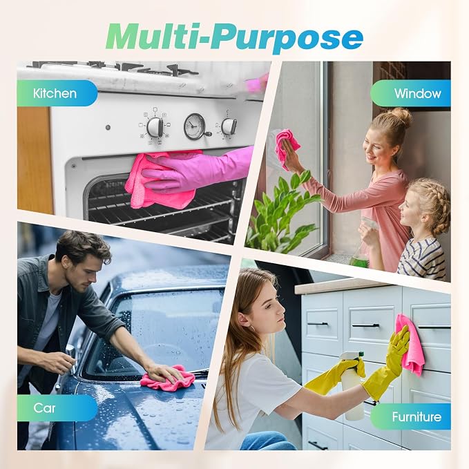 Pink Microfiber Cleaning Cloth, 24 Pack Absorbent Cleaning Rags, Lint-Free, Streak-Free Cleaning Towels for Car Kitchen House, 12"X11"